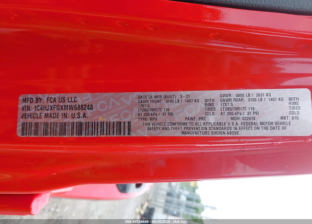 2021 JEEP WRANGLER UNLIMITED VIN: 1C4HJXFGXMW688248
