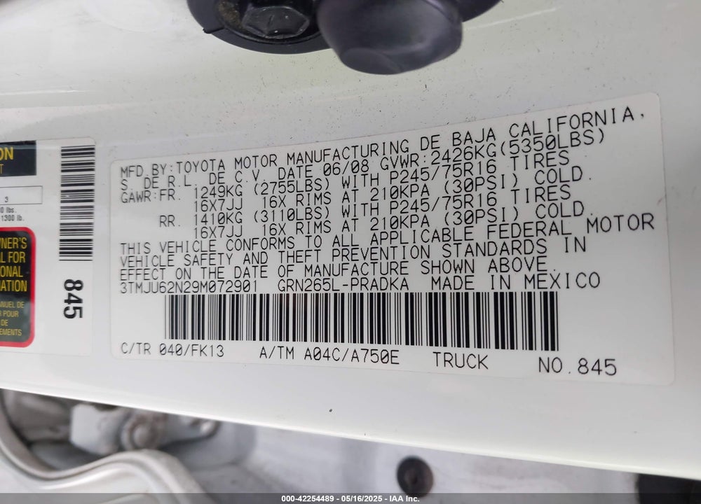 2009 TOYOTA TACOMA VIN: 3TMJU62N29M072901