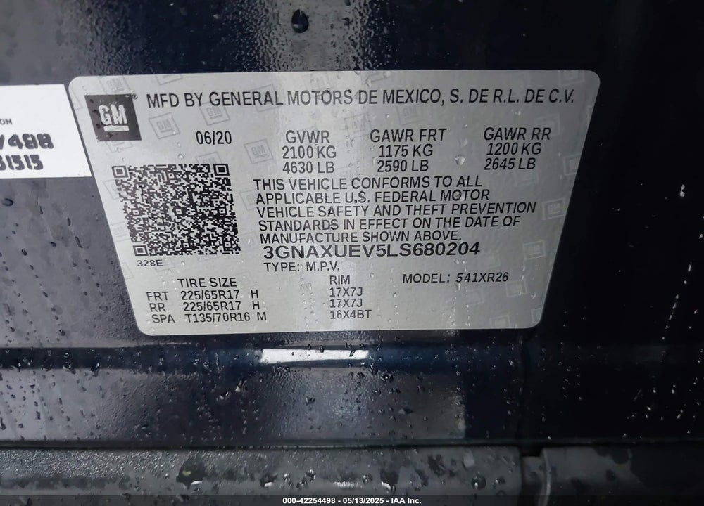 2020 CHEVROLET EQUINOX VIN: 3GNAXUEV5LS680204