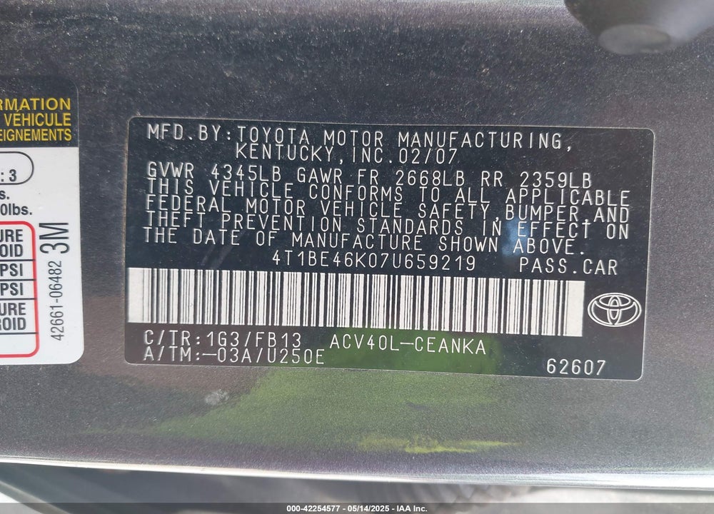2007 TOYOTA CAMRY LE VIN: 4T1BE46K07U659219
