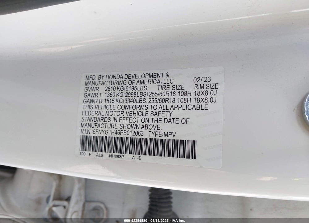 2023 HONDA PILOT VIN: 5FNYG1H46PB012063