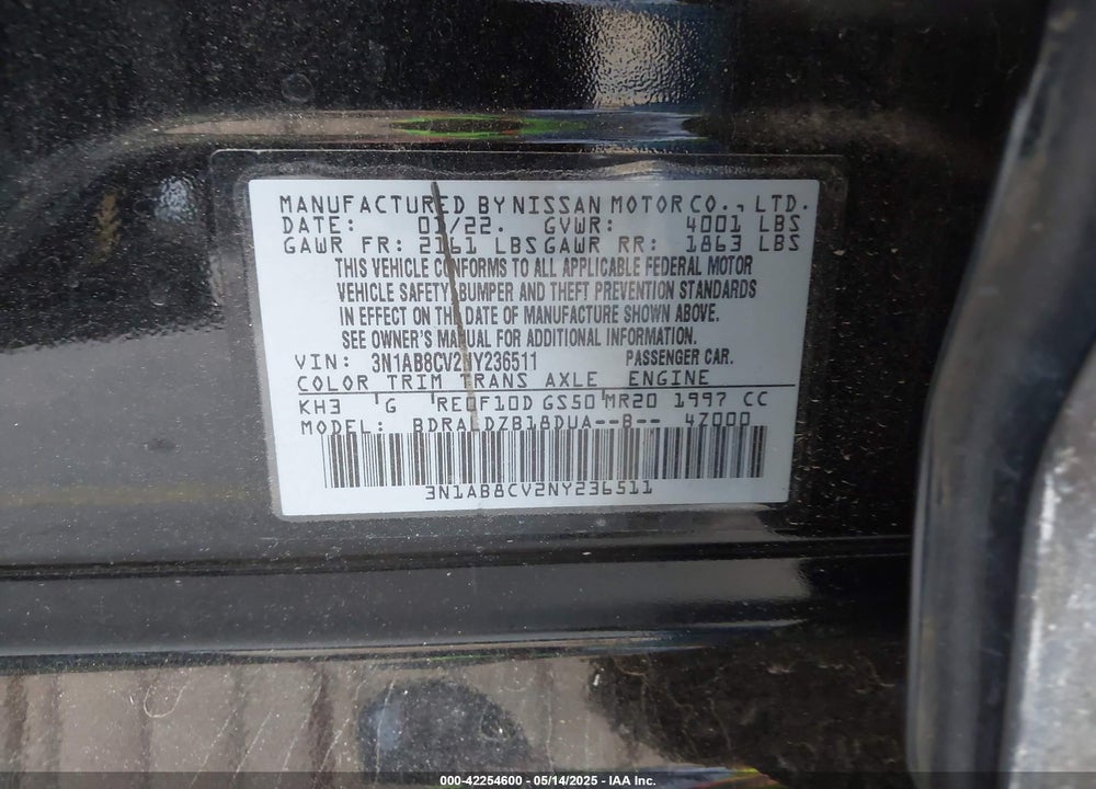 2022 NISSAN SENTRA SV XTRONIC CVT VIN: 3N1AB8CV2NY236511