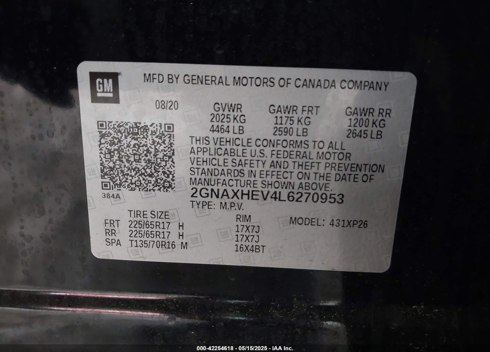 2020 CHEVROLET EQUINOX VIN: 2GNAXHEV4L6270953