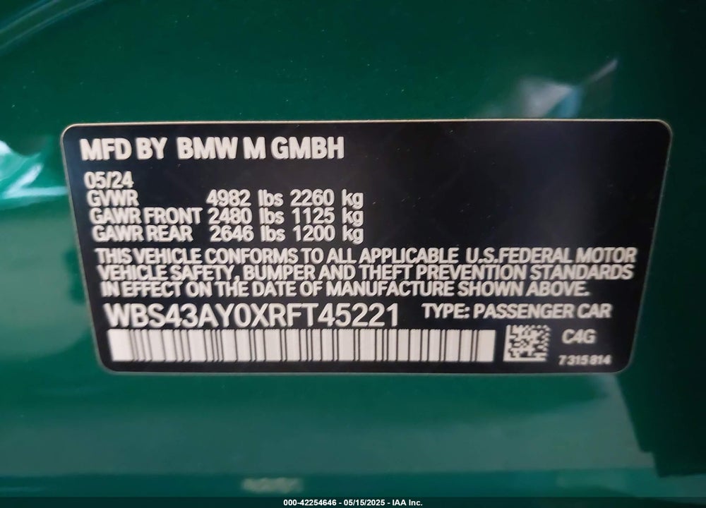 2024 BMW M3 VIN: WBS43AY0XRFT45221