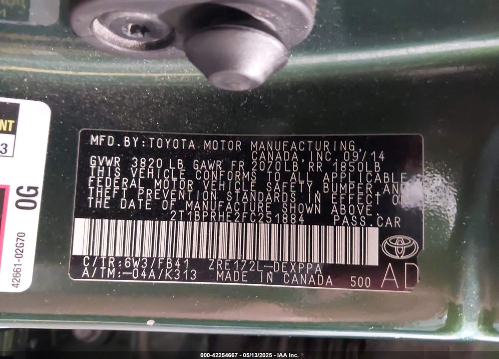 2015 TOYOTA COROLLA LE ECO PLUS VIN: 2T1BPRHE2FC251884