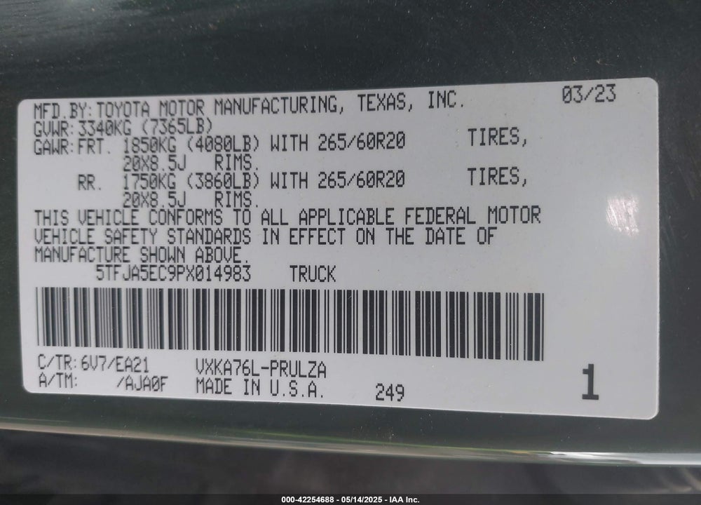 2023 TOYOTA TUNDRA VIN: 5TFJA5EC9PX014983