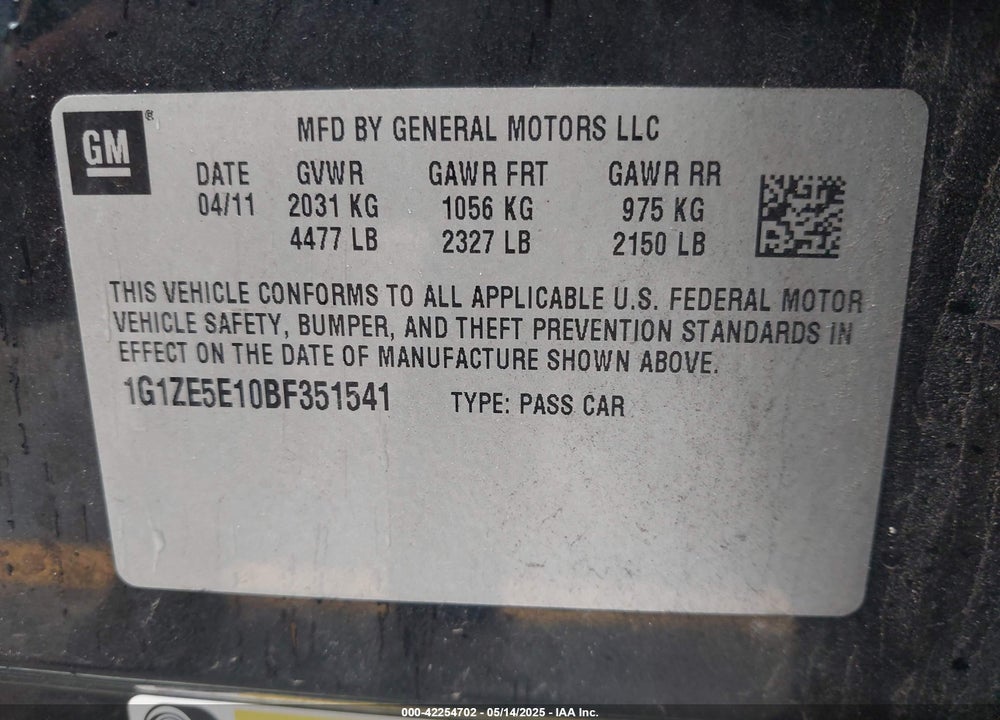2011 CHEVROLET MALIBU LTZ VIN: 1G1ZE5E10BF351541
