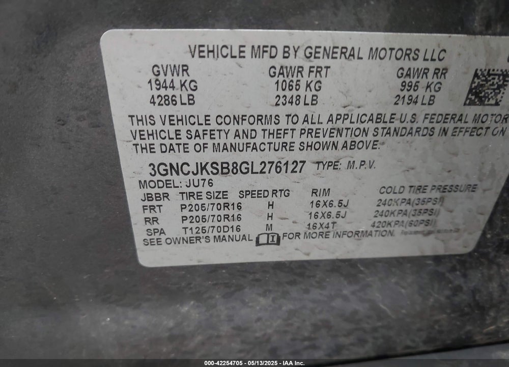 2016 CHEVROLET TRAX VIN: 3GNCJKSB8GL276127