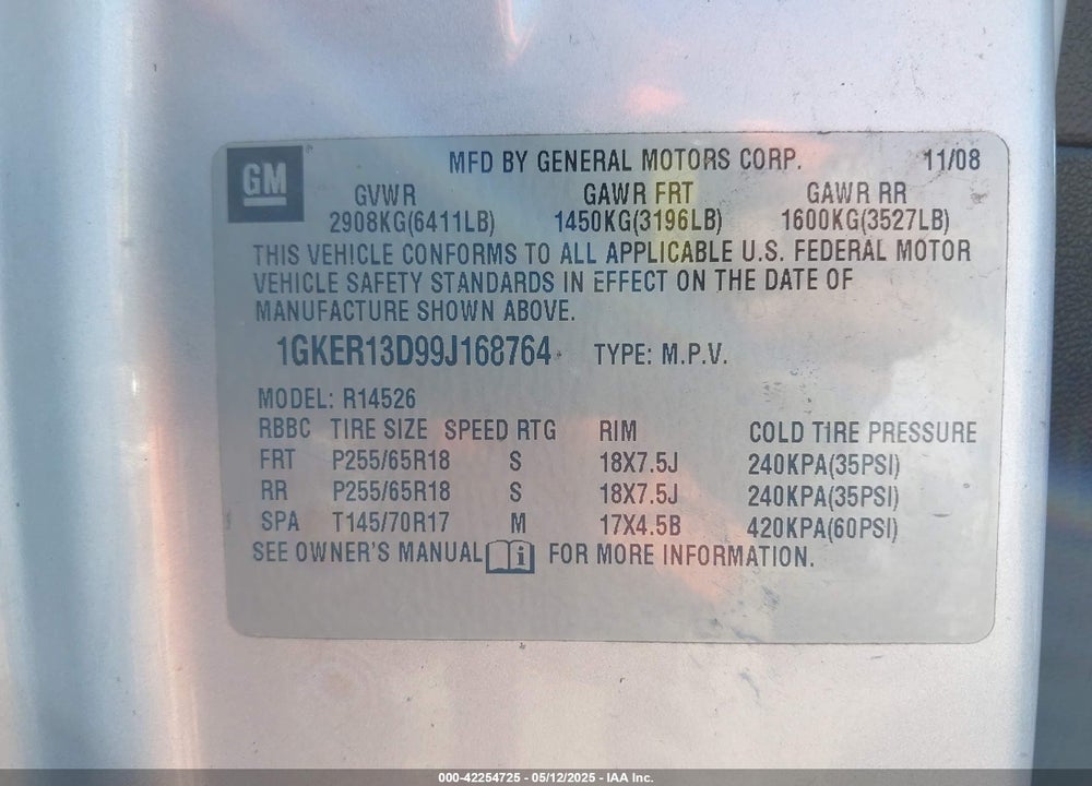 2009 GMC ACADIA VIN: 1GKER13D99J168764