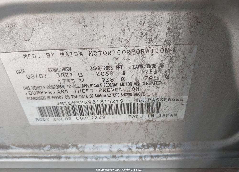 2008 MAZDA MAZDA3 VIN: JM1BK32G981815219