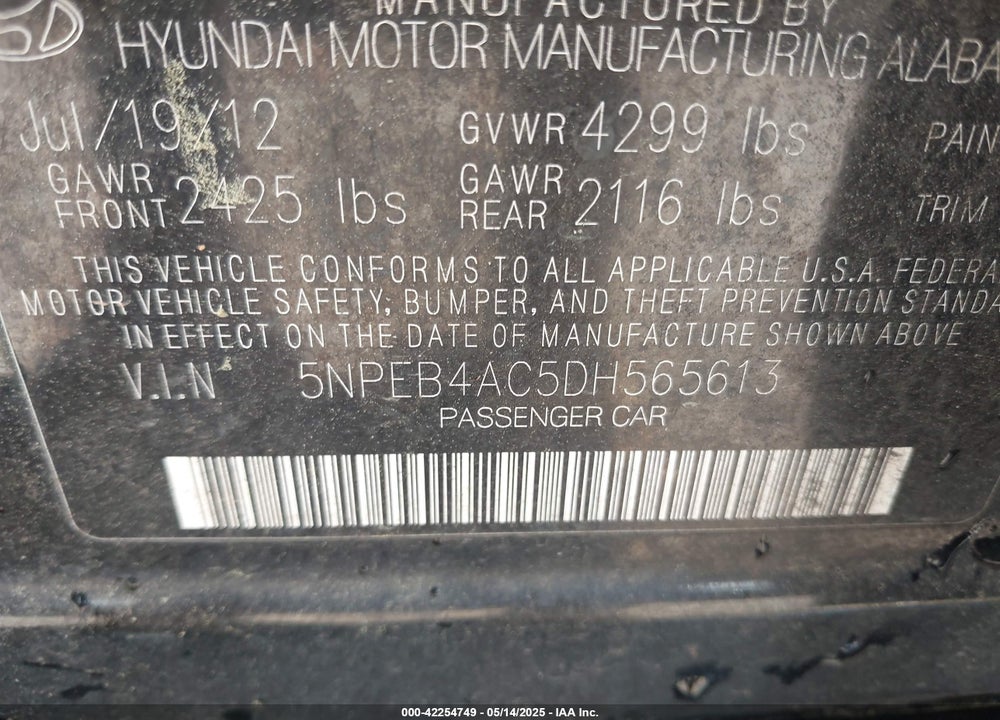 2013 HYUNDAI SONATA VIN: 5NPEB4AC5DH565613