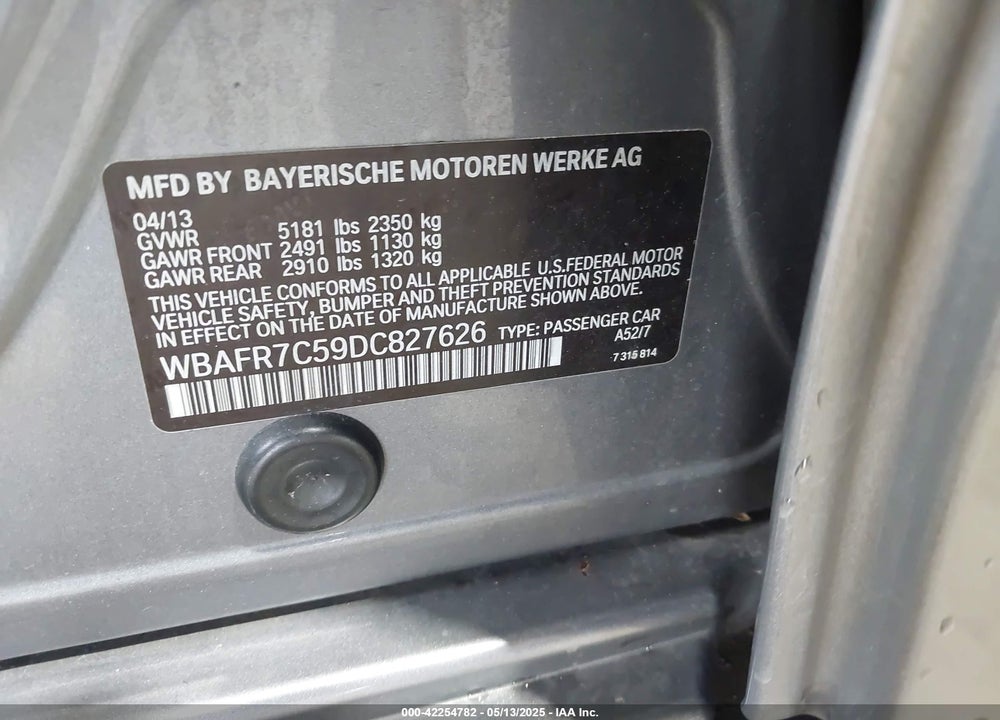 2013 BMW 535I VIN: WBAFR7C59DC827626