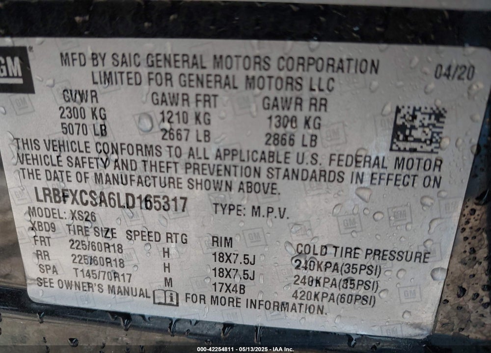 2020 BUICK ENVISION VIN: LRBFXCSA6LD165317
