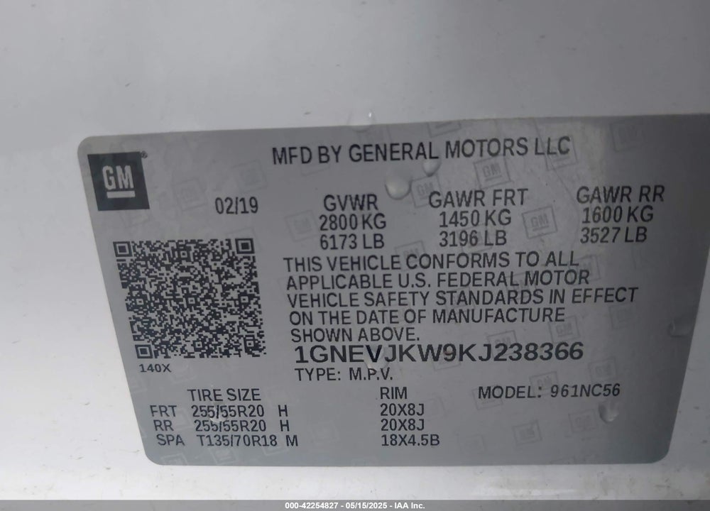 2019 CHEVROLET TRAVERSE VIN: 1GNEVJKW9KJ238366