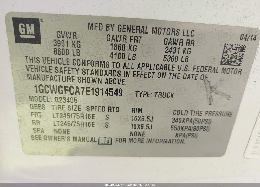 2014 CHEVROLET EXPRESS 2500 WORK VAN VIN: 1GCWGFCA7E1914549