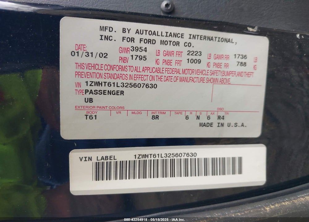 2002 MERCURY COUGAR V6 VIN: 1ZWHT61L325607630