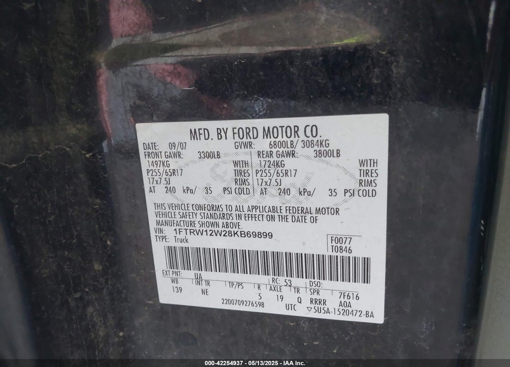 2008 FORD F-150 VIN: 1FTRW12W28KB69899