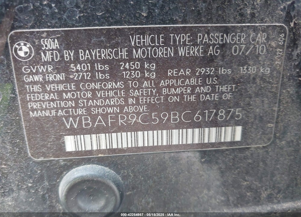 2011 BMW 550I VIN: WBAFR9C59BC617875