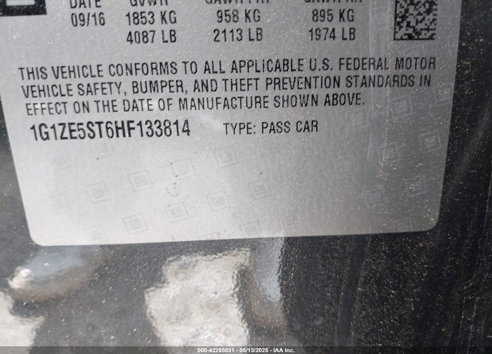2017 CHEVROLET MALIBU 1LT VIN: 1G1ZE5ST6HF133814