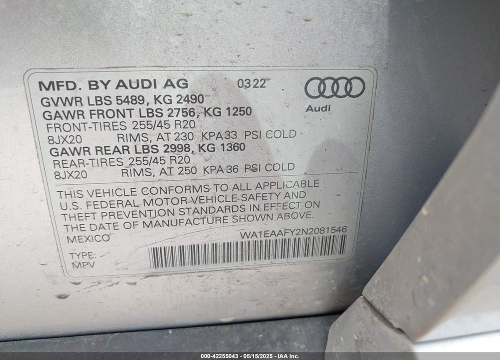 2022 AUDI Q5 PREMIUM PLUS 45 TFSI S LINE QUATTRO S TRONIC VIN: WA1EAAFY2N2081546