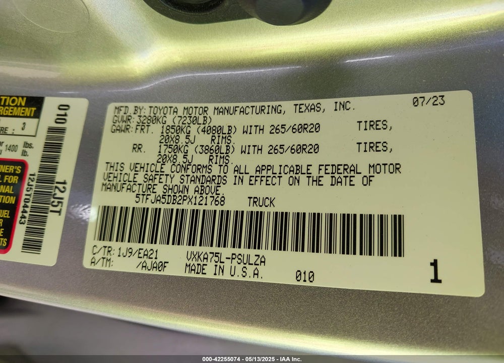 2023 TOYOTA TUNDRA LIMITED VIN: 5TFJA5DB2PX121768