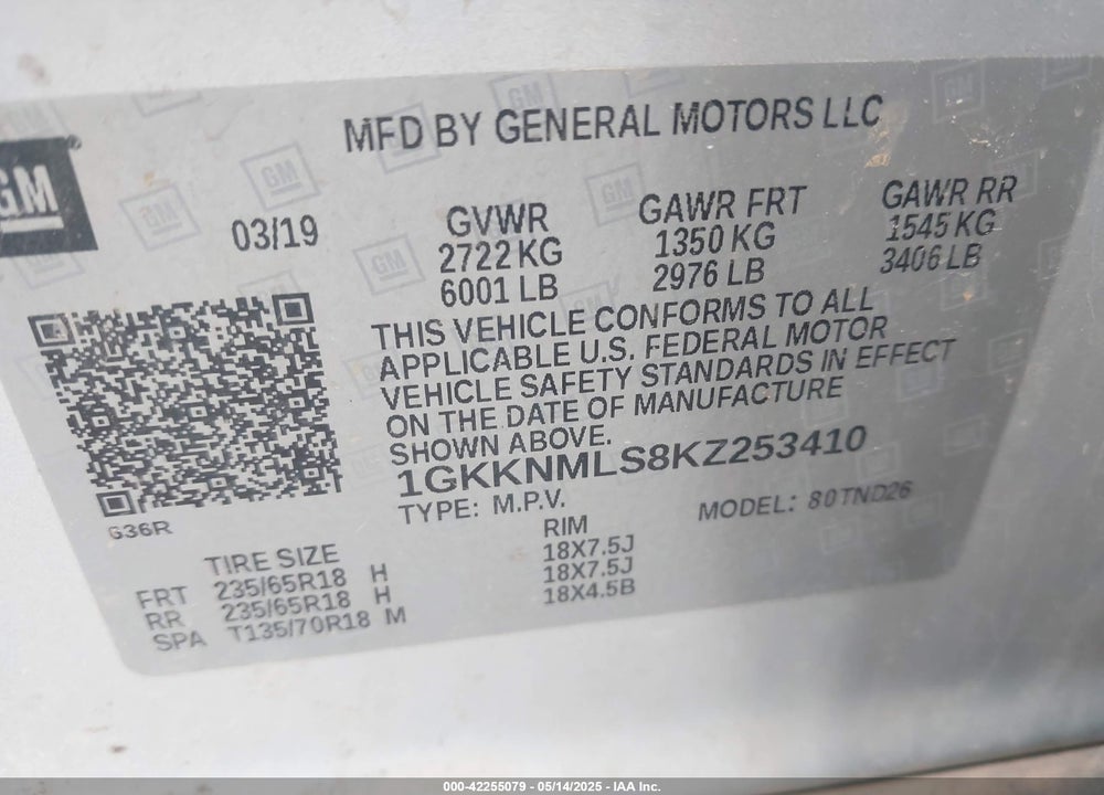 2019 GMC ACADIA VIN: 1GKKNMLS8KZ253410