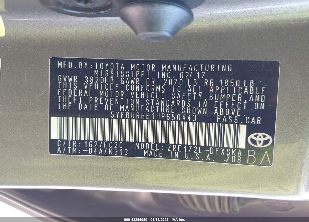 2017 TOYOTA COROLLA SE VIN: 5YFBURHE1HP650443