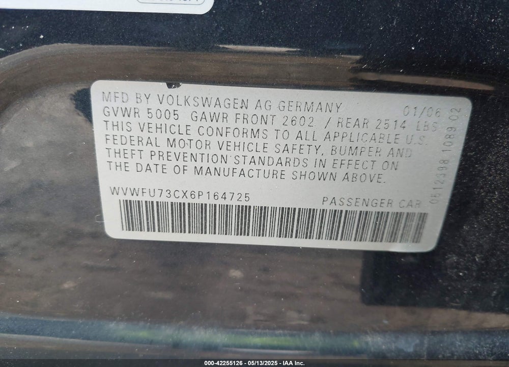 2006 VOLKSWAGEN PASSAT VIN: WVWFU73CX6P164725