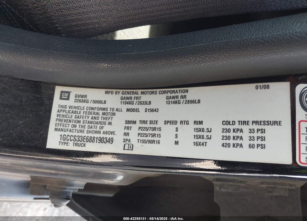 2008 CHEVROLET COLORADO LT VIN: 1GCCS33E688190349