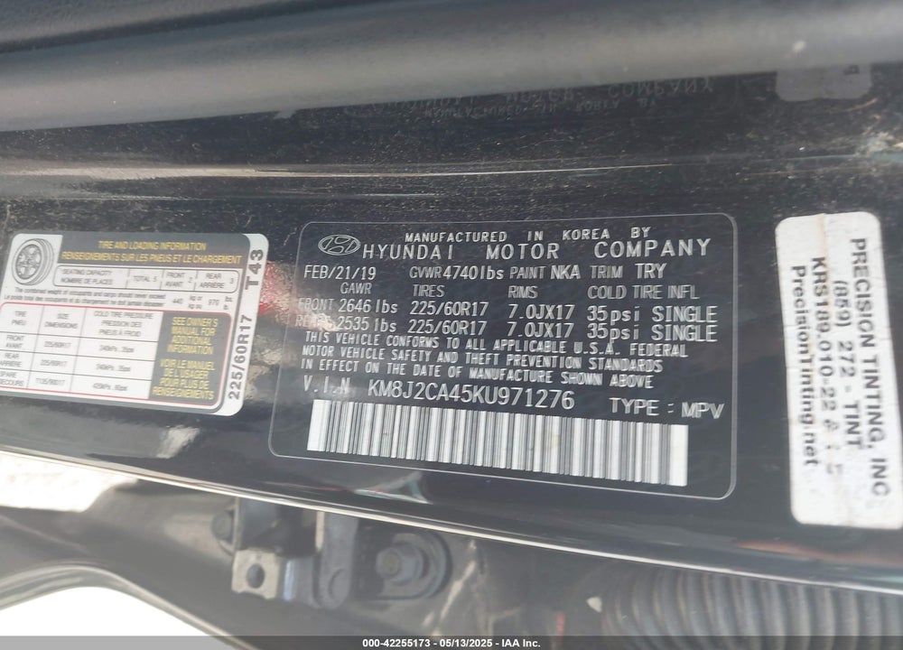 2019 HYUNDAI TUCSON SE VIN: KM8J2CA45KU971276