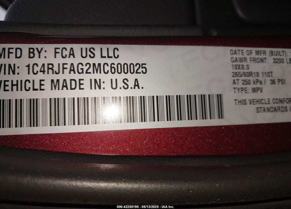 2021 JEEP GRAND CHEROKEE VIN: 1C4RJFAG2MC600025