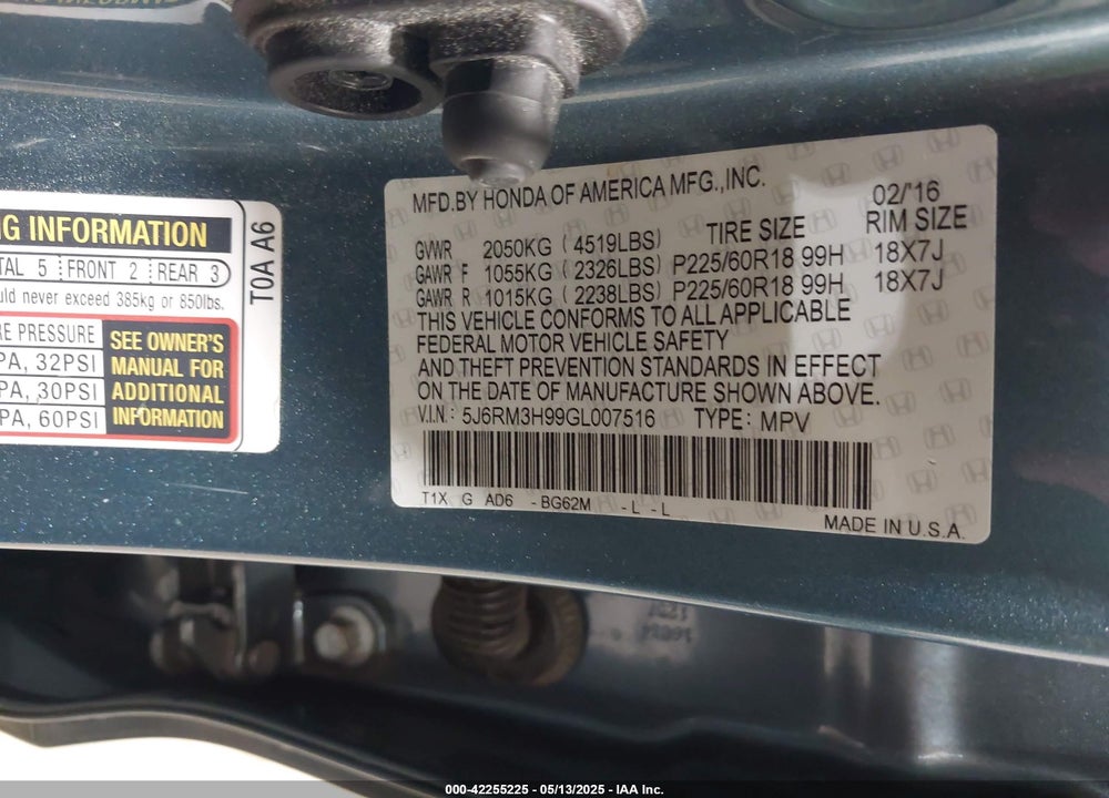 2016 HONDA CR-V VIN: 5J6RM3H99GL007516