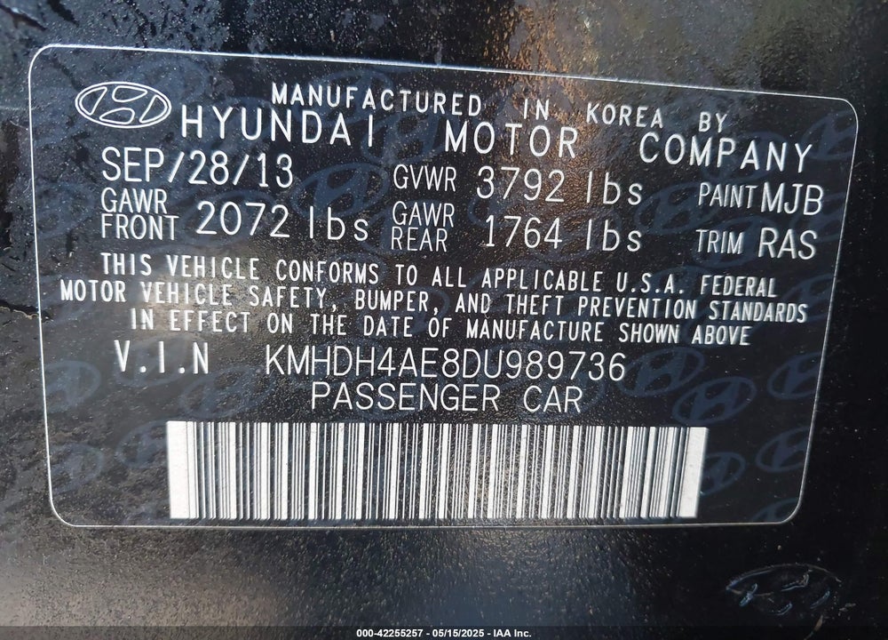 2013 HYUNDAI ELANTRA VIN: KMHDH4AE8DU989736