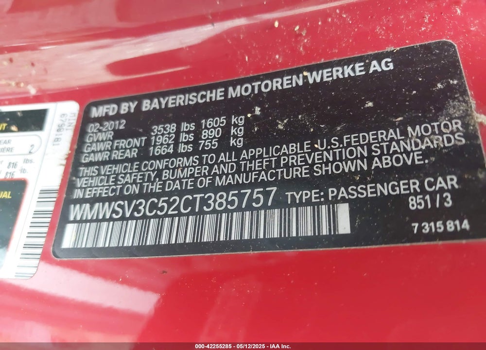 2012 MINI COOPER S VIN: WMWSV3C52CT385757