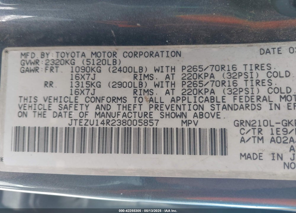 2003 TOYOTA 4RUNNER SR5 V6 VIN: JTEZU14R238005857