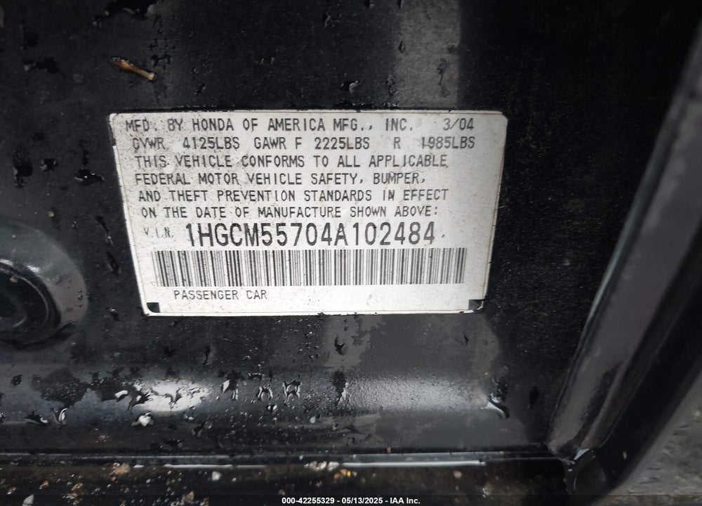 2004 HONDA ACCORD VIN: 1HGCM55704A102484