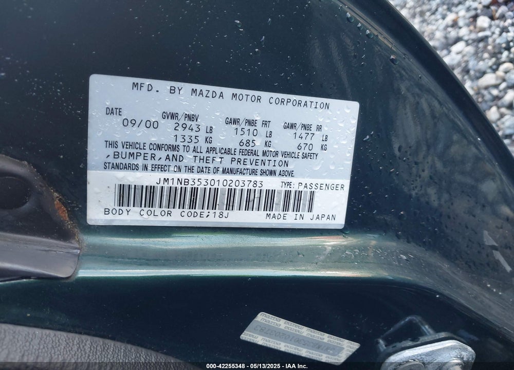 2001 MAZDA MX-5 MIATA LS/SPECIAL EDITION VIN: JM1NB353010203783