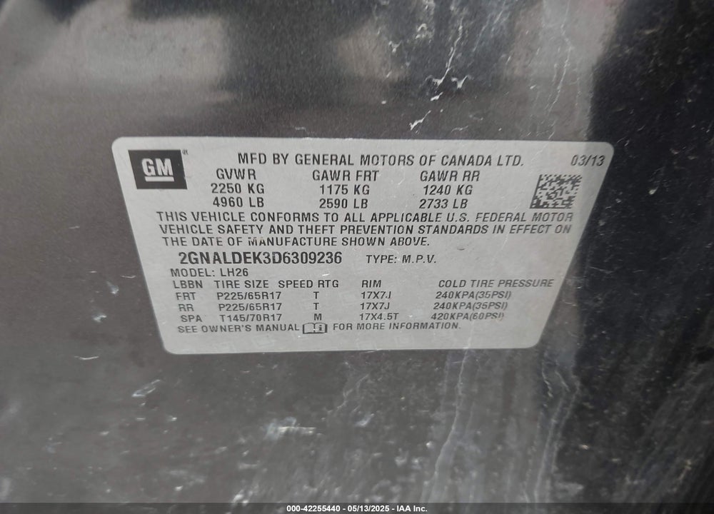 2013 CHEVROLET EQUINOX VIN: 2GNALDEK3D6309236