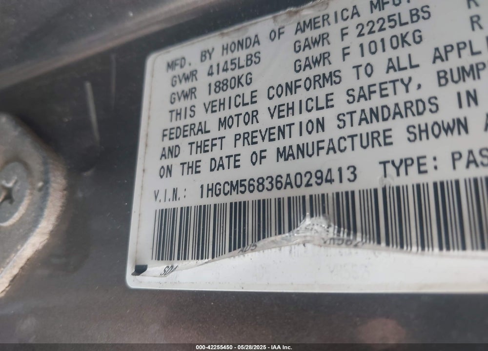2006 HONDA ACCORD 2.4 EX VIN: 1HGCM56836A029413