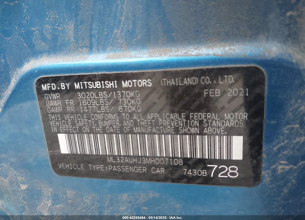 2021 MITSUBISHI MIRAGE VIN: ML32AUHJ3MH007108