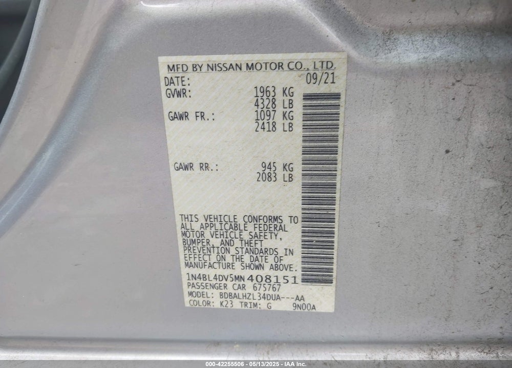 2021 NISSAN ALTIMA SV FWD VIN: 1N4BL4DV5MN408151