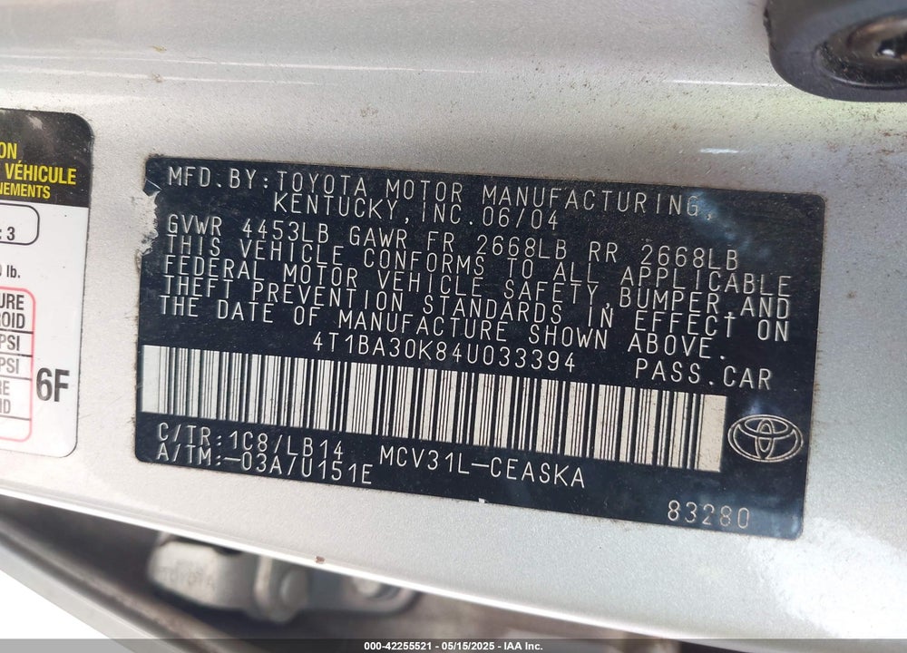 2004 TOYOTA CAMRY VIN: 4T1BA30K84U033394