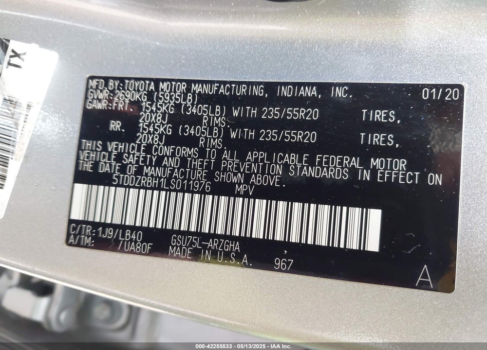 2020 TOYOTA HIGHLANDER VIN: 5TDDZRBH1LS011976