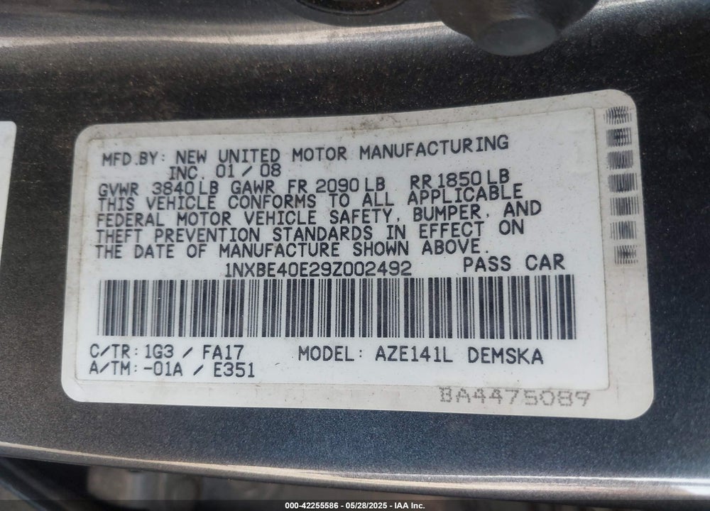 2009 TOYOTA COROLLA XRS VIN: 1NXBE40E29Z002492