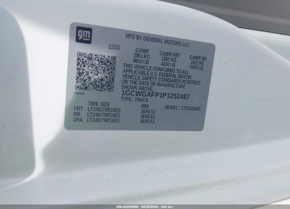 2023 CHEVROLET EXPRESS CARGO RWD 2500 REGULAR WHEELBASE WT VIN: 1GCWGAFP1P1252487