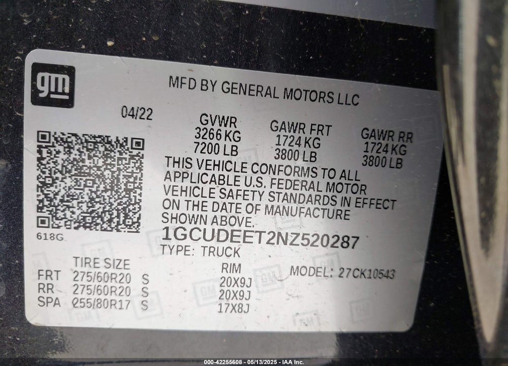 2022 CHEVROLET SILVERADO 1500 VIN: 1GCUDEET2NZ520287