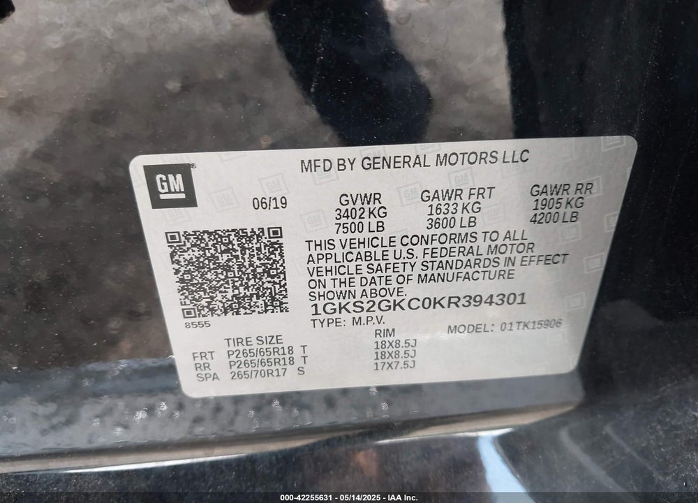 2019 GMC YUKON XL SLT VIN: 1GKS2GKC0KR394301