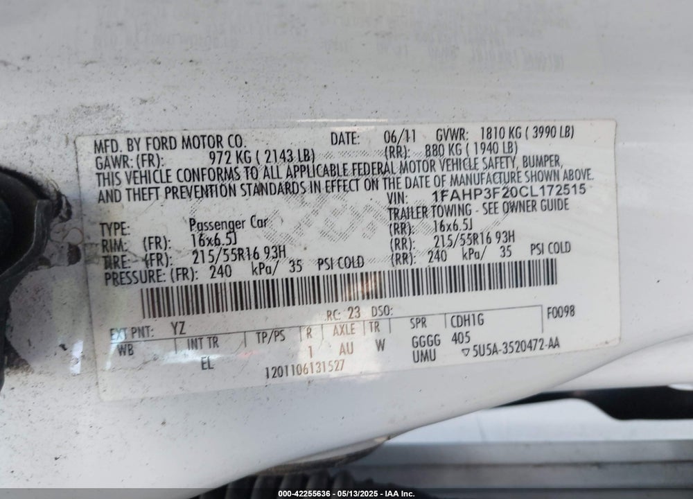 2012 FORD FOCUS SE VIN: 1FAHP3F20CL172515
