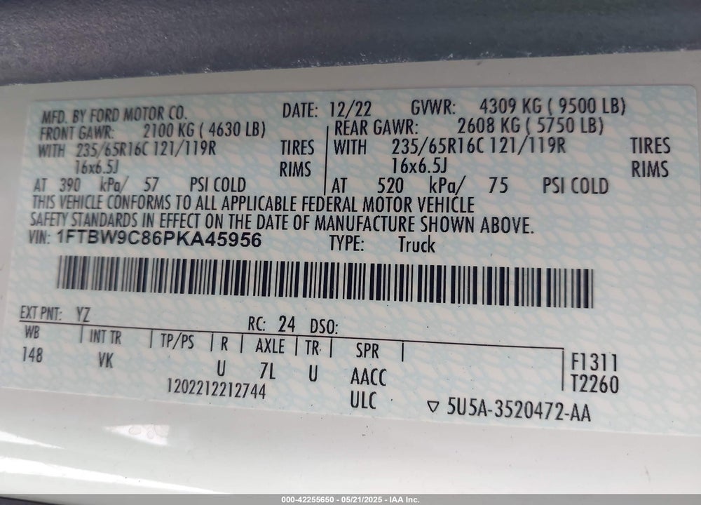 2023 FORD TRANSIT-350 VIN: 1FTBW9C86PKA45956