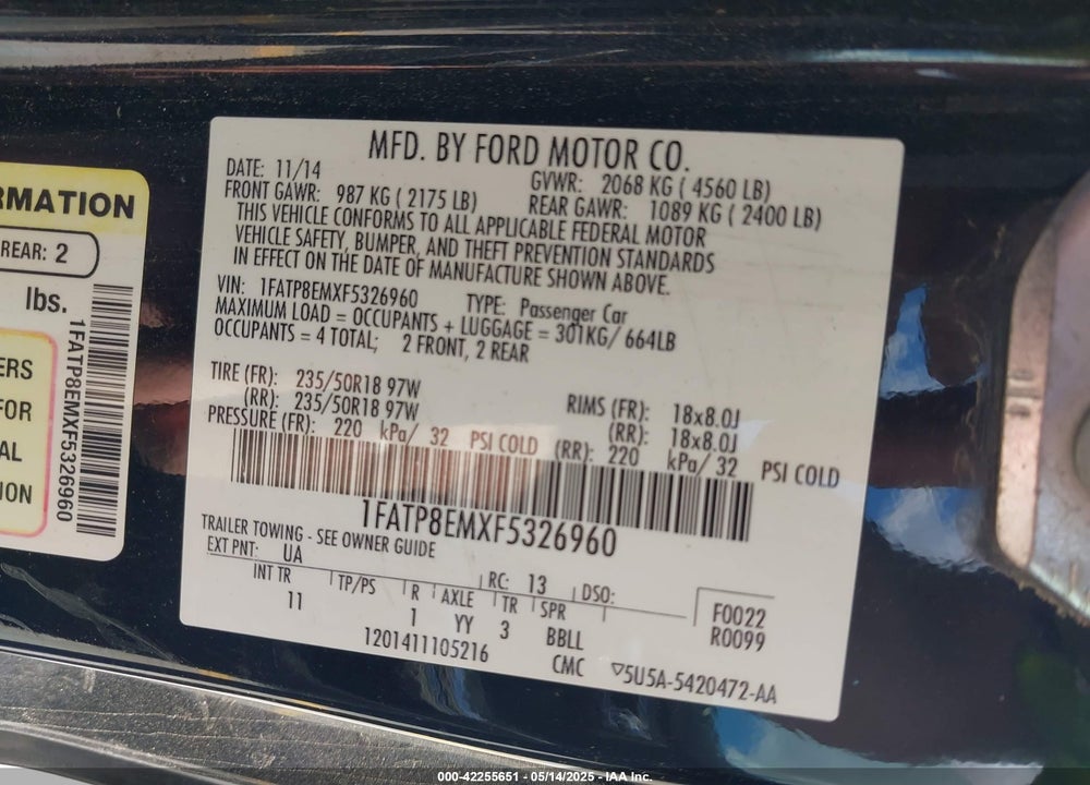 2015 FORD MUSTANG VIN: 1FATP8EMXF5326960